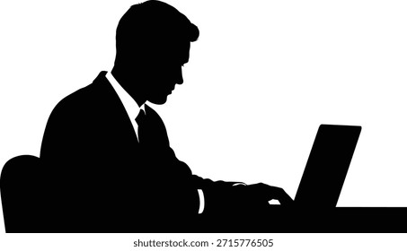 Ilustración vectorial de la silueta del trabajador de oficina que se sienta en el escritorio usando el ordenador portátil para los conceptos corporativos del negocio y los diseños del espacio de trabajo.