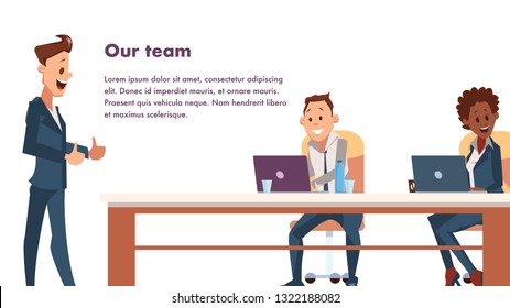 Office Worker Sit at Workplace Work by Laptop. Business Team at Table or Desk. Young Man and Woman Character Colleague. Happy Businessman in Suit Stand near. Cartoon Flat Vector Illustration