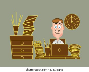 Office Worker Sits at the Desk and Waits for the End of the Working Day. Vector illustration