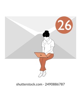 Una empleada de oficina se sienta con su portátil, recibe un correo electrónico y responde a él