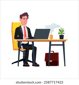 An office worker sits at his desk. A businessman is working at a laptop