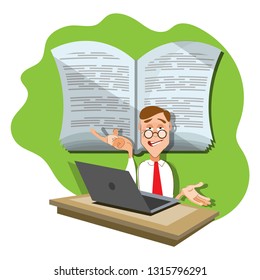 Office worker sits at a table and thinks that a book is the best source of knowledge. Cartoon character. Vector illustration