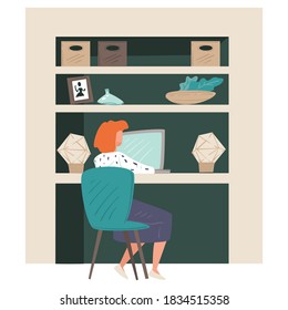 Office worker sitting by table typing in laptop, secretary working on project for boss. Freelance employee, female character managing departments of company or organization, vector in flat style