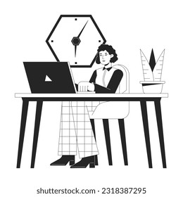 Office worker sitting at desk bw concept vector spot illustration. Office woman at workplace 2D cartoon flat line monochromatic character for web UI design. Editable isolated outline hero image