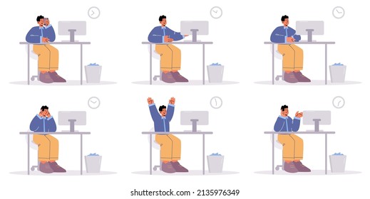 Office Worker Sitting At Desk With Computer With Different Face Expressions. Vector Flat Illustration Of Man Employee Busy, Happy, Angry, Sad, Worry And Think