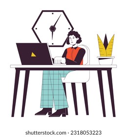 Office worker sitting at desk flat line concept vector spot illustration. Office woman at workplace 2D cartoon outline character on white for web UI design. Editable isolated colorful hero image