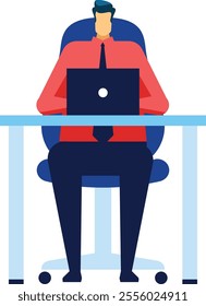 Office worker sitting at a desk, focused on working with a laptop, dressed in a red shirt and blue tie, depicted in a modern flat design illustration