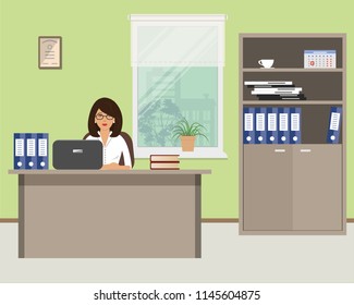 Office worker is sitting at a desk in a green office room. There is also a cabinet for documents, a laptop, blue folders in the picture. There is a flower on the windowsill. Vector illustration.
