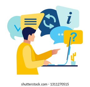 Office worker are sitting at the desk, looking into the compute with dialogue speech bubbles. Flat style illustration for social networking, chat, video, messages, web site, mobile graphic. Vector