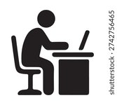 Office Worker Sitting at Desk Using Computer Icon Silhouette Vector Isolated on White