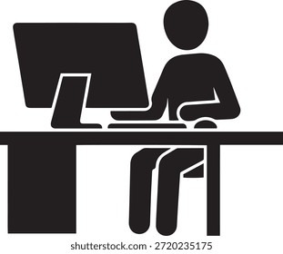 Trabajador de oficina sentado en el escritorio usando el ícono del Vector de la computadora de escritorio. Empleado trabajando en PC con monitor, teclado y ratón. Concepto de Espacio de trabajo.