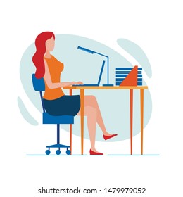 Office Worker, Sitting at Desk, Working Late with Laptop, Developing Presentation, or Preparing Report as Assistant, or Getting Ready for Job Interview in Young Creative, Prospective Business Company