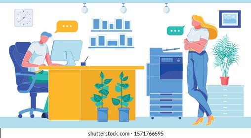 Office Worker Sitting at Desk and Working on Computer Flat Cartoon Vector Illustration. Businessman Tuyping. Collegue Coming to Have Conversation with Employee. People Talking at Office.