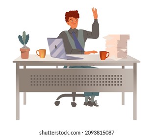 Office worker sitting at desk working with laptop computer. Businessman raising his hand vector illustration