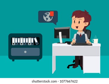office worker sitting at his desk in front of the computer receiving a notification, trend topic, concept of online work