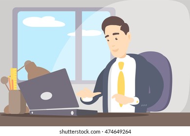 Office worker sitting at laptop. New employee. Young trainee. Office manager. Office stuff. Man in office room. Flat vector illustration.