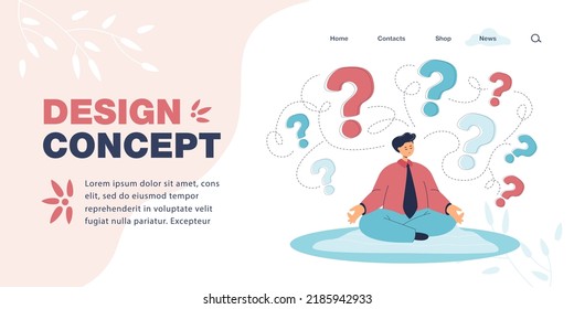 Office worker sitting in lotus position and question marks. Man in suit meditating with closed eyes flat vector illustration. Meditation, solution concept for banner, website design or landing page