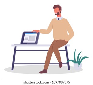 Office worker sitting on a bench with a laptop. Businessman or a clerk sitting in the hallway waiting for meeting with computer flat style illustration. Smiling bearded man office worker enterpreneur