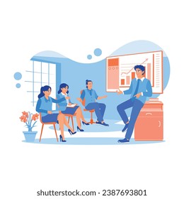 Office worker sitting on a chair listening to the explanation of the male boss. Explaining a new work project at a meeting in the office room. Briefings concept. trend modern vector flat illustration