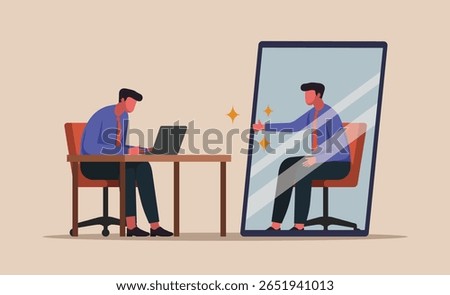 Office worker sitting on desk looking at a mirror that reflects positive version of himself, concept of self reflection, mindset shift, and internal validation, vector flat illustration