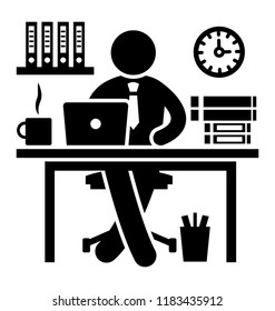 office worker sitting on his office desk with laptop best icon to describe employee working