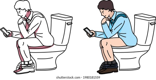 An office worker sitting on the toilet looking into a cell phone.