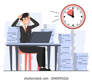 Office worker sitting with paper piles around and looking in panic at clock vector isolated. Idea of time management, planning and deadline.