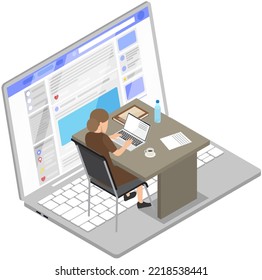 Office worker sitting at table with computer. Business woman or clerk working at her office workplace typing on keyboard. Female character enterpreneur performs work on computer isolated on white