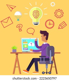 Office worker sitting at table with computer. Businessman or clerk works at workplace develops new business idea, typing on keyboard. Enterpreneur performs work on laptop, generates great plan