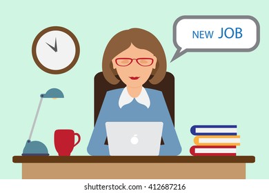 Office worker sitting at the table and working on the computer. Flat design. EPS10 vector.