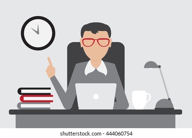 Office worker sitting at the table and working on the computer. Flat design. EPS10 vector.