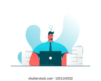 Office Worker Sitting and Working with Computer. Abstract Style. Vector Illustration