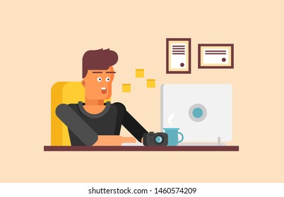 Office worker sitting and working at desktop computer in the flat style vector