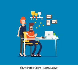 Office worker sitting and working at desktop computer in the flat style vector
