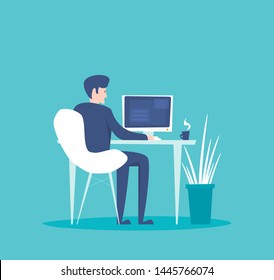 Office worker sitting and working at her desktop computer in the flat style vector