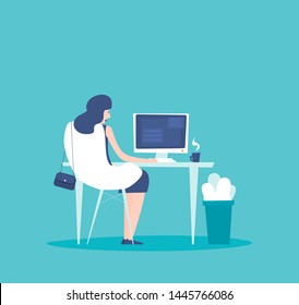 Office worker sitting and working at her desktop computer in the flat style vector