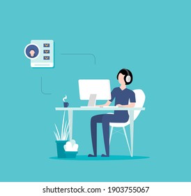 Büroangestellte, die auf ihrem Desktop-Computer sitzt und arbeitet, in flachem Stil