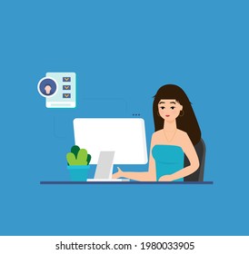 Office worker sitting and working at her desktop computer in the flat style vector