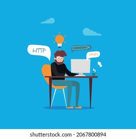 Office worker sitting and working at her desktop computer in the flat style vector