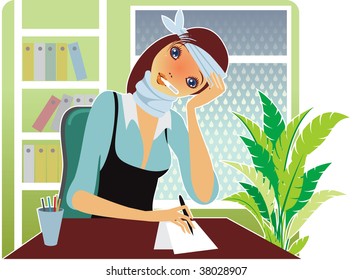 Office worker sitting at workplace and  suffering from quinsy, or flu or any other cold virus