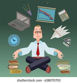 Office Worker Sitting in Yoga Pose, and Objects and Documents Fly around Him. Vector Illustration