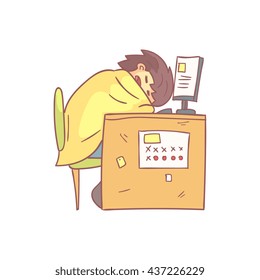 Office Worker Sleeping At Work Wrapped In Blanket Flat Outlined Pale Color Funny Hand Drawn Vector Illustration Isolated On White Background