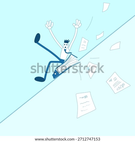 An office worker slidsng down a slope with his document folder.