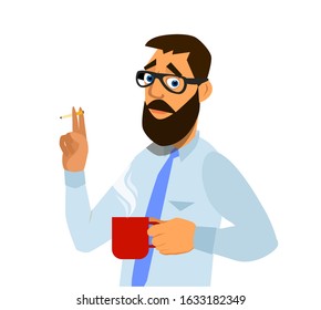 An office worker smokes a cigarette and drinks coffee. Vector illustration.