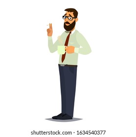 An office worker smokes a cigarette and drinks coffee. Vector illustration.