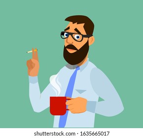 An office worker smokes a cigarette and drinks coffee. Vector illustration.