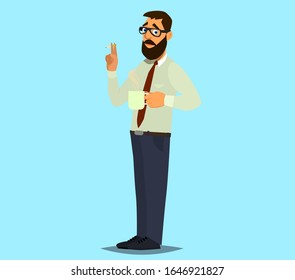 An office worker smokes a cigarette and drinks coffee. Vector illustration.