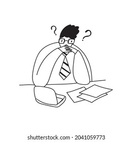 An office worker. Solving business problems. Hand-drawn illustration in the doodle style. A person takes part in business events. All elements are isolated on a white background.