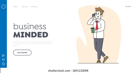 Office Worker Speaking by Smartphone Landing Page Template. Business Character Wear Fashioned Formal Suit with Coffee Cup in Hand, Good Looking Adult Man Calling with Phone. Linear Vector Illustration