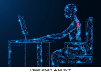 An office worker with spinal pain. Polygonal design of interconnected lines and points. Blue background.